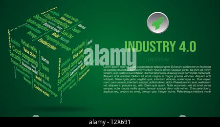 Vector Hintergrund Wort Wolke in der 3D-Würfel mit Laufzeiten über Industrie 4.0 in grüner Farbe Stock Vektor