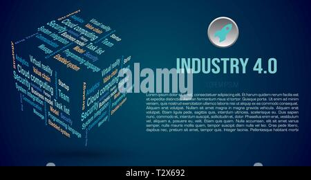 Vector Hintergrund Wort Wolke in der 3D-Würfel mit Laufzeiten über Industrie 4.0 in blauer Farbe Stock Vektor