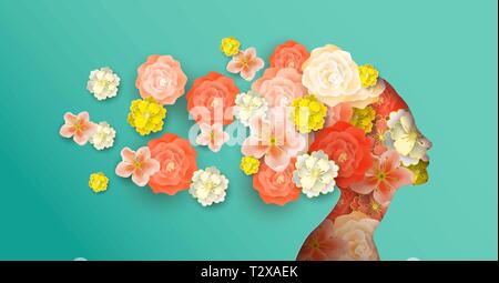 Frau Kopf in papercut Stil mit schönen bunten Frühling Blumen für besondere Jahreszeit Ereignis oder der Frauen Design. Stock Vektor