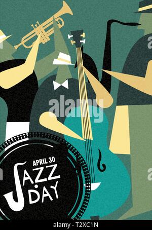 April 30 Jazz Tag Retro Poster Abbildung: live Musik Band diverse Musical Instrument im Konzert oder Festival Veranstaltung. Stock Vektor