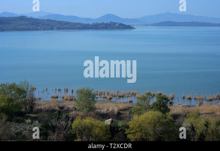 Luftaufnahme von See Trasimeno, Umbrien. Italien, bei Sonnenaufgang Stockfoto