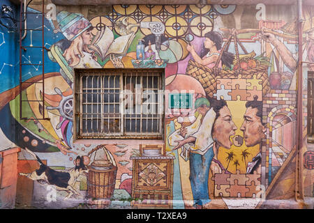 Tainan, Taiwan - Dezember 4, 2018: Landschaftlich schöne von Street Art und Graffiti Mauer bei Xinmei Straße in der Stadt Tainan, Taiwan. Stockfoto