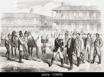 Die letzten Tage der konföderierten Regierung, den Abschluss des Amerikanischen Bürgerkrieges. Präsident Davis Abschied von seiner Eskorte und Personal auf dem Platz in Washington, Georgia zwei Tage vor seiner Gefangennahme. Finis Jefferson Davis, 1808 - 1889. Amerikanische Politiker, der als einziger Präsident der Konföderierten Staaten von 1861 bis 1865 gedient. Von der Illustrated London News, veröffentlicht 1865. Stockfoto