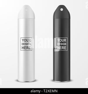 Vector 3d Realistische Weiße und Schwarze leere Sprühdose, Lufterfrischer Flasche legen Closeup isoliert auf weißem Hintergrund. Design Vorlage der Feldspritze für Moc Stock Vektor