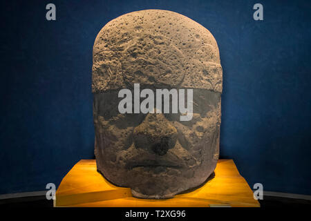 Olmec big Basalt Kopf mit blauer Hintergrund (Nationalmuseum für Anthropologie) Stockfoto