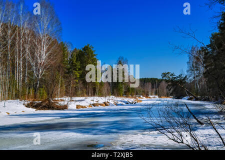 Der frühe Frühling Eis schmilzt auf einen kleinen Wald Fluss mit schönen hellen Sonnenstrahlen Stockfoto