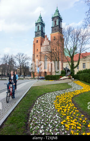 Touristen und Besucher in Posen: Basilika/Kathedrale steht auf Ostrow Tumski Insel, die älteste Kathedrale in Polen aus dem 10. Jahrhundert Stockfoto