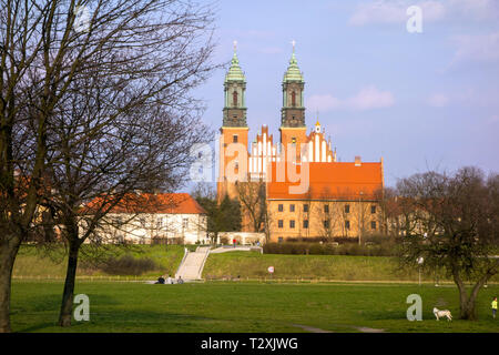 Touristen und Besucher in Posen: Basilika/Kathedrale steht auf Ostrow Tumski Insel, die älteste Kathedrale in Polen aus dem 10. Jahrhundert Stockfoto