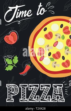 Zeit Pizza zu essen. Pizza mit Zutaten in flachen Stil. Menü Konzept für ein Café und ein Restaurant. Flache Pizza auf der Schiefertafel Hintergrund. Vektor illustratio Stock Vektor