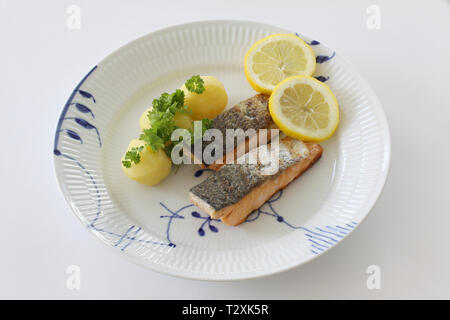 Gegrillter Lachs Filets auf einem Teller mit Kartoffeln, sherley und Zitrone. Nahaufnahme Foto mit weißem Hintergrund. Stockfoto