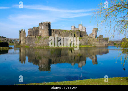 Caerphilly Castle, in der Nähe von Cardiff, South Wales, UK in der Frühlingssonne Stockfoto