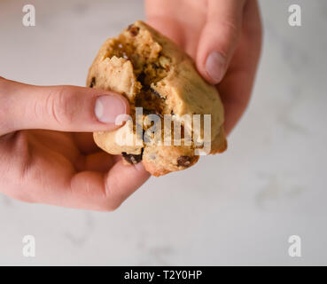 Nahaufnahme von Händen Aufbrechen ein Chocolate Chip Cookie Stockfoto