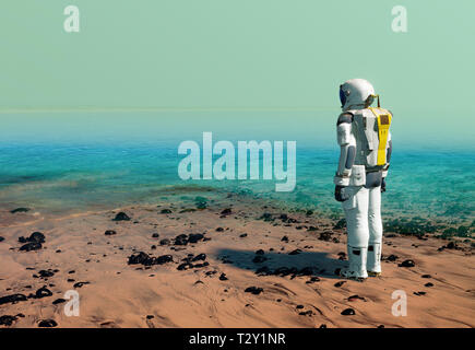 Astronaut am Strand von künstlichen Stausee, See, tragen einen Raumanzug auf dem Mars oder einem anderen Planeten nach dem Terraforming. 3D-Darstellung Stockfoto