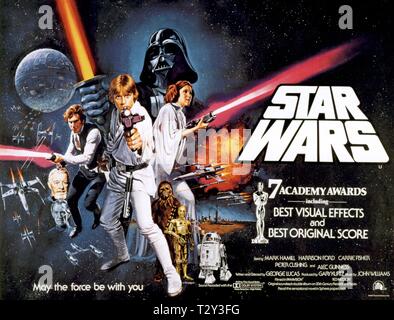 PETER CUSHING, Alec Guinness, Harrison Ford, Mark Hamill, David Prowse, Peter Mayhew, Anthony Daniels, Kenny Baker, Carrie Fisher POSTER Stockfoto