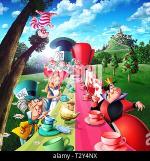 ALICE IM WUNDERLAND, Cheshire Cat, Mad Hatter, ALICE, TWEEDLEDUM und TWEEDLEDEE, WHITE RABBIT, Königin der Herzen, 1951 Stockfoto