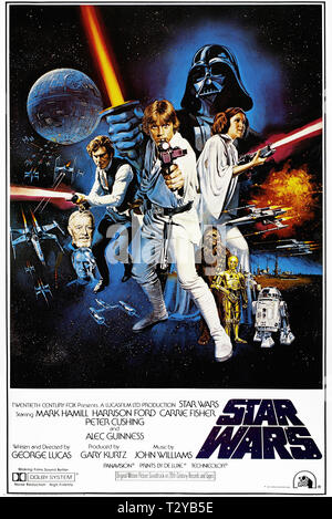 PETER CUSHING, Alec Guinness, Harrison Ford, Mark Hamill, David Prowse, Peter Mayhew, Anthony Daniels, Kenny Baker, Carrie Fisher POSTER Stockfoto