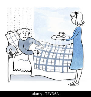 Junge Frau, Schwester, Tochter, die Pflege für eine alte kranke Mann im Bett, ihm einen Drink, Gesundheit Konzept, Alter Konzept, Aquarell Malerei illustration Stockfoto