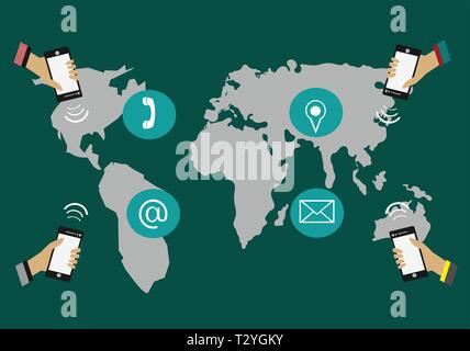 Hände halten Telefon Kommunizieren rund um die Welt. Eine Karte im Hintergrund haben. Stock Vektor