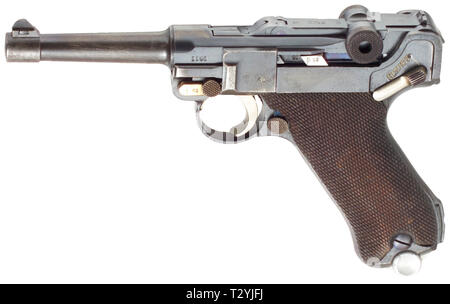 Handfeuerwaffen, Pistolen, Luger Parabellum Pistole 08, hergestellt von Mauser, Kaliber 9 mm Editorial-Use - Nur Stockfoto