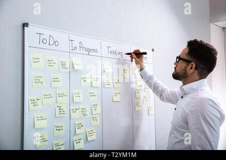 Seitenansicht des Geschäftsmannes Schreiben auf Haftnotizen zu White Board In Office angeschlossen Stockfoto