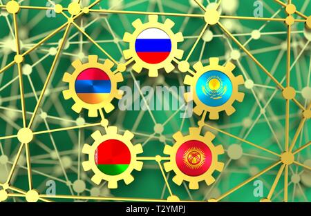 EAEU-eurasischen Wirtschaftsunion Vereinigung der fünf nationalen Volkswirtschaften Mitglieder Flaggen in den Gängen. Globales Teamwork. Molekül und Kommunikation Hintergrund. Stockfoto