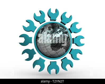 Globus in Gang Form Emblem. Zerknittertes Papier Karte. 3D-Rendering Stockfoto