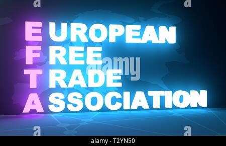 Abkürzung EFTA - Europäische Freihandelsassoziation. Business konzeptionelle Bild. 3D-Rendering. Neon Lampe Beleuchtung. Globales Teamwork. Stockfoto