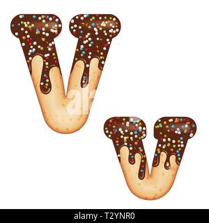 Verlockende Typografie. Font Design. Vereisung schreiben. Süße 3D-donut Buchstaben V glasiert mit Schokolade und Süßigkeiten. Vektor Stock Vektor