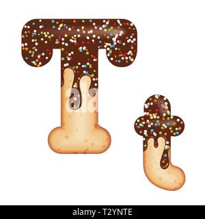Verlockende Typografie. Font Design. Vereisung schreiben. Süße 3D-donut Buchstaben T glasiert mit Schokolade und Süßigkeiten. Vektor Stock Vektor
