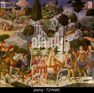 Prozession der Jüngste König, Westwand, Freskenzyklus, der Prozession der Heiligen Drei Könige, Benozzo Gozzoli, circa 1459, Capella dei Magi, Palazzo Medici R Stockfoto