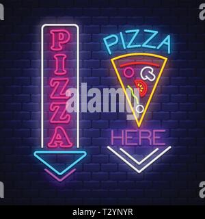Pizza Sign Collection - Leuchtreklame Vektor. Pizza Sign Collection - Leuchtreklame auf Mauer Hintergrund, design Elements, leichte Banner, Ansage neon Stock Vektor
