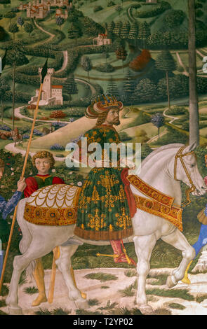 König Balthasar auf dem Pferderücken, Byzantinische Kaiser Johannes VIII. Palaiologos, Prozession von der Mitte König, Detail der Freskenzyklus, Prozession der Heiligen Drei Könige Stockfoto