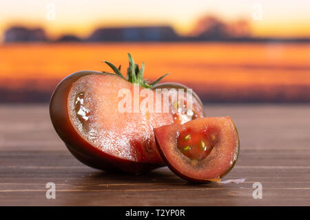 Gruppe von der einen Hälfte eine Scheibe frischen Tomaten primora mit Herbst Feld im Hintergrund Stockfoto