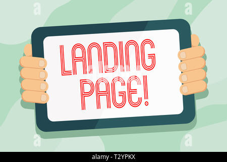 Handschrift text Landing Page. Konzeptionelle photo Web, die als Einstiegspunkt für bestimmte Website Farbe Tablet-Smartphone dient mit leerer Bildschirm Handh Stockfoto