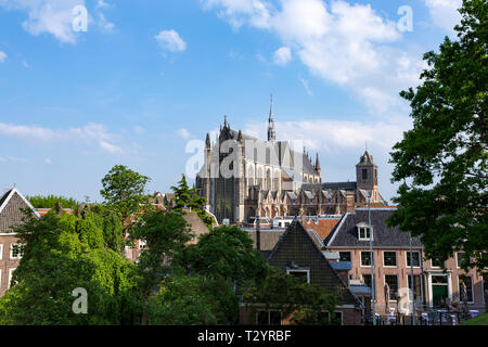 Hooglandse Kerk (Kirche) und die Dächer in der Altstadt von Leiden, Niederlande. Stockfoto