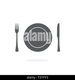 Teller, Messer und Gabel Symbol auf weißem Hintergrund Stock Vektor