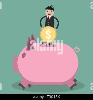 Cartoon Geschäftsmann auf großes Sparschwein die Gold Medaille. Vector Illustration im flachen Design auf grünem Hintergrund. Stock Vektor