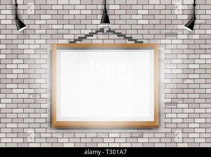 Weiße Mauer mit realistischen Holz braun Bilderrahmen und schwarzen Lampen. Vector Illustration Stock Vektor