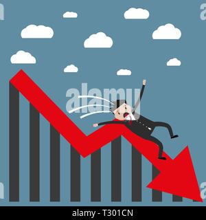 Cartoon Geschäftsmann von Fallen, die rote Karte. Verlierer, brach Konzept. Vector Illustration im flachen Design auf blauem Hintergrund Stock Vektor