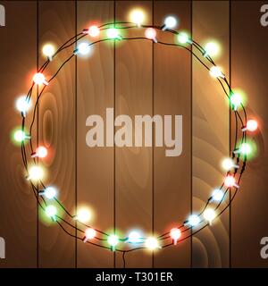 Holz- Hintergrund mit leuchtenden Rot Blau Grün und Gelb leuchten. Vorlage für Begrüßung oder Postkarte, Vector Illustration Stock Vektor