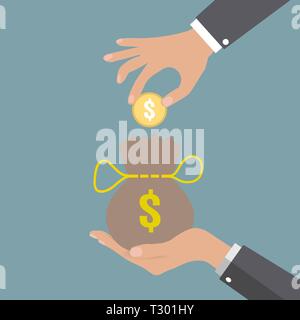 Geschäftsmann hand Goldmünze Geld beutel Bank auf grauem Hintergrund Vector Illustration im flachen Design. Infografiken web design elemente Stock Vektor