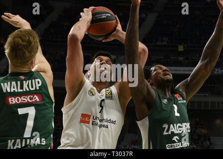 Felipe Reyes (Mitte), #9 von Real Madrid in Aktion während der 2018/2019 Turkish Airlines Euro gesehen - Liga Saison Runde 30 Spiel zwischen Real Madrid und Zalgiris Kaunas auf WiZink Zentrum in Madrid. (Endstand: Real Madrid 86:93 Zalgiris Kaunas) Stockfoto