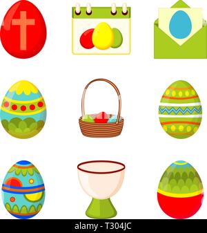 Bunte Cartoon 9 easter egg Elemente einstellen. Urlaub Christentum Symbole. Christian holiday themed Vector Illustration für Stempel, Aufkleber, Zertifikat, br Stock Vektor