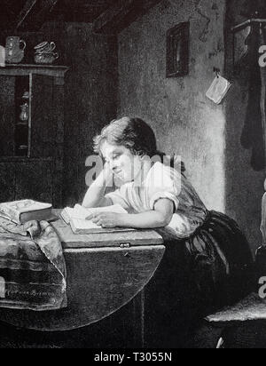 Digital verbesserte Reproduktion, Schule Mädchen liest zu Hause sorgfältig in einem Buch, einem Schulmädchen liegst Wirtschaft aufmerksam in einem Buch, von einem ursprünglichen Drucken aus dem 19. Jahrhundert Stockfoto