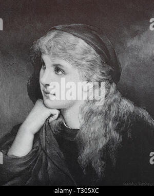 Digital verbesserte Reproduktion, Mignon, nach einem Gemälde von Gabriel Max, Mädchen mit langen blonden Haaren, Portrait mit stützte das Kinn, / 1963 Grafik von Gabriel Max, Mädchen mit langen Haaren blondn, Porträt, mit aufgestütztem Kinn, von einer ursprünglichen Drucken aus dem 19. Jahrhundert Stockfoto