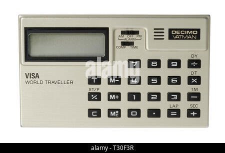 1970 Taschenrechner. Einfache arithmetische Maschine, Handheld Gerät. Decimo Vatman Visa World Traveller Stockfoto