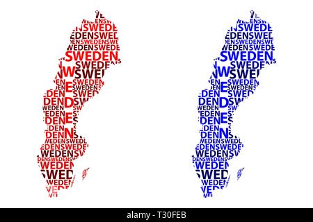 Skizze Schweden schreiben Text Karte, Königreich Schweden - in der Form des Kontinents, Karte Schweden - Rot und Blau Vector Illustration Stock Vektor