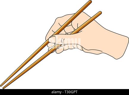 Hand mit Sushi sticks für Brötchen. Regelung, wie sie in Asien China Japan Stäbchen position Anweisung zu halten. Vector Illustration auf weißen isoliert Stock Vektor