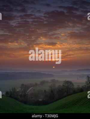 Sonnenaufgang über hambledon und der South Downs National Park, Hampshire, Großbritannien Stockfoto