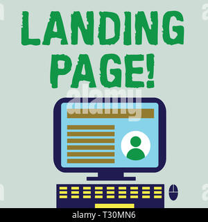 Wort schreiben Text Landing Page. Business Foto präsentation web, die als Einstiegspunkt für bestimmte Website Desktop Computer Montiert auf Ständer Witz serviert Stockfoto